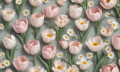 Elegant pattern of tulips and daisies in soft pastel shades, elegant, flowers, botanical, tulips
