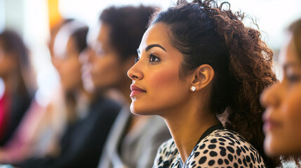 A close-up photo of a hispanic woman listening intently during a presentation with a focused expression and curly hair