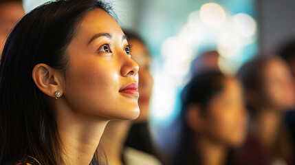 Obraz premium A close-up photo of an Asian woman listening intently, her expression capturing curiosity and engagement in a warm, soft light