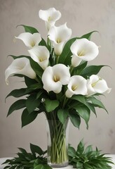 Fototapeta premium Elegant white callas and green leaves arrangement, wedding, decoration, pure