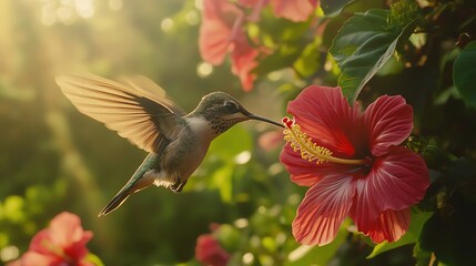 Fototapeta premium A hummingbird feeding on a vibrant hibiscus flower.
