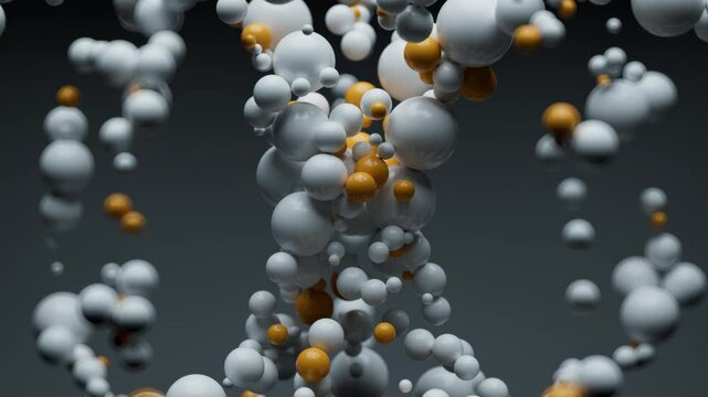 Abstract floating white and orange spheres against a dark gray background. The dynamic composition creates a sense of motion and depth, ideal for technology, data, and modern design concepts.