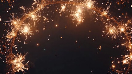 Fototapeta premium Glittering sparklers forming a decorative frame, with champagne glasses on a black festive background