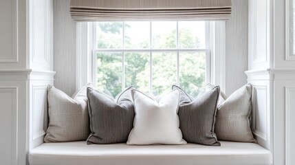 Cozy window seat with cushions, natural light.