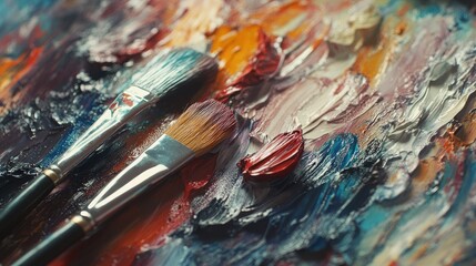 Obraz premium A close-up of an artist workspace with paint brushes, palettes, and unfinished artwork, symbolizing the creative process, with large space for text