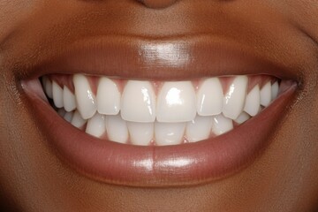 Fototapeta premium A bright, natural smile highlighting teeth whitening results under studio lighting. Before after.