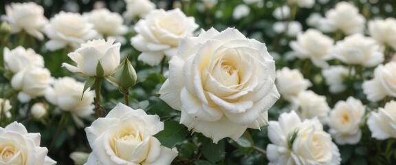 Elegant white rose with a blurred garden of white roses, white rose, soft focus, botanical