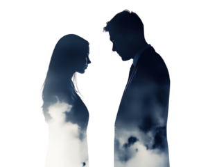 Silhouettes of a man and woman, expressing deep connection against ethereal clouds.