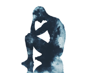 Silhouette of a person in deep thought, with a dreamy blue cloud effect.