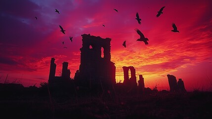 Obraz premium Vibrant Twilight Sky with Deep Shades of Red and Purple Above Ruins Surrounded by Birds in Flight, Capturing a Moment of Nature’s Drama and Beauty