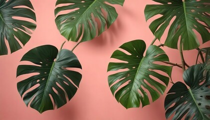 Obraz premium Exotic tropical Monstera Pinnata leaves on a coral pink background with subtle reflection, coral color, reflection