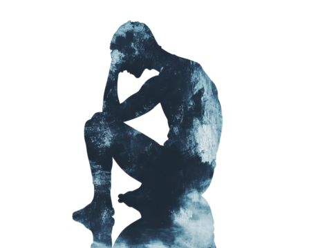 Silhouette of a person in deep thought, with a dreamy blue cloud effect.