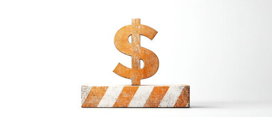A stylized dollar sign sits atop a caution-striped base, symbolizing finance and warning.