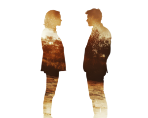 Silhouette of a couple with nature overlay, perfect for romantic themes.
