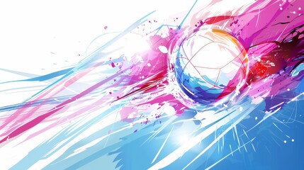 Dynamic volleyball spike showcasing motion in vibrant colors with energetic splashes, capturing the essence of competitive sport and athletic performance in abstract form