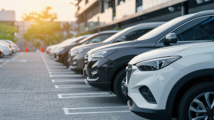 An outdoor parking area filled with various vehicles neatly parked. Convenience of car rental services, their role in transportation, and the importance of car insurance for customers and companies.