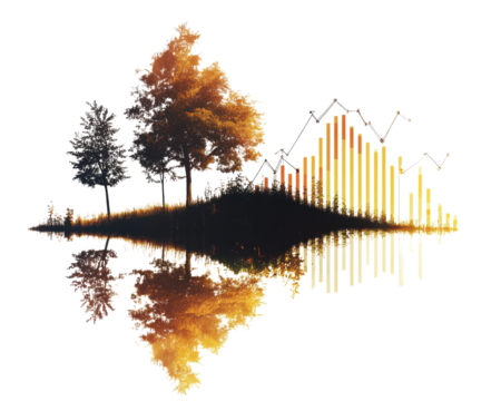 Autumn trees reflected in water with growth graphs overlay.