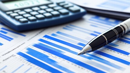Detailed Analysis of Financial Data with Calculator and Pen on Charts Showcasing Blue Color Schemes on a Professional Workspace