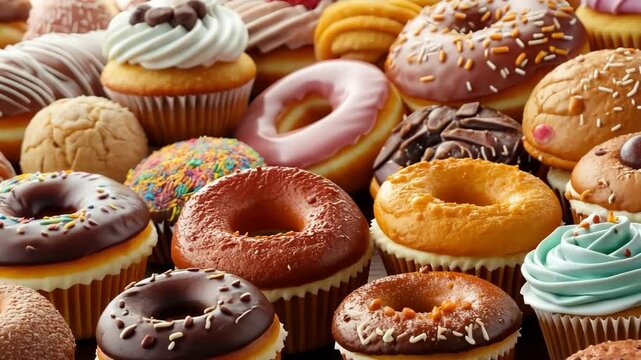 The delicious pattern features a wide variety of colorful sweets and pastries such as donuts, cupcakes, and cookies, all displayed on a bright and vibrant background.