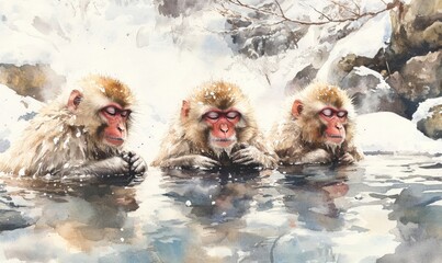 Watercolor Relaxing Snow Monkeys bathe in Hot Springs, Jigokudani, Nagano, Japan