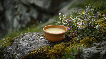 A minimalistic photo of a small clay bowl filled with creamy substance surrounded by wildflowers and moss on a rocky surface