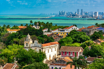 City of Recife and its buildings and sea seen from the city of Olinda with its historic houses and...