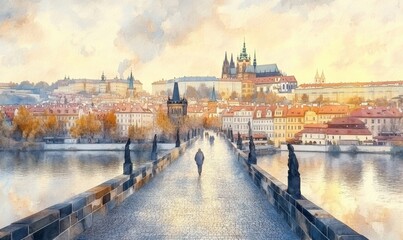 Fototapeta premium Watercolor Prague scenic spring aerial view of the Prague Old Town pier architecture Charles Bridge over Vltava river in Prague, Czechia.
