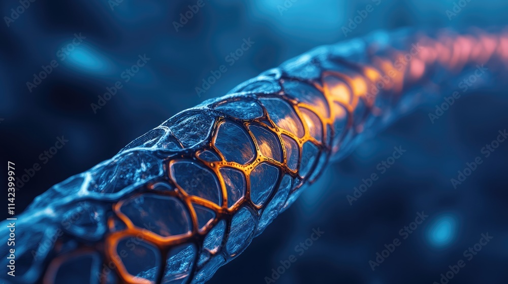 Poster a detailed image of bioengineered stents used in cardiovascular treatments, with intricate design an