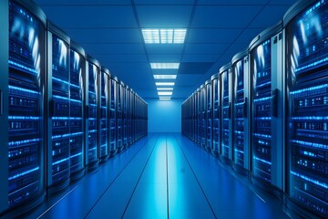 A data center corridor lined with servers, illuminated in blue light.