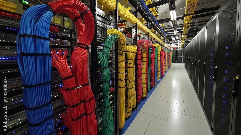 Poster a detailed shot of a server room with large storage units and fiber optic cables, showcasing the eff