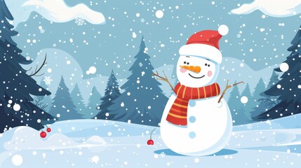 Building a cheerful snowman in a snowy winter wonderland surrounded by pine trees and falling snowflakes