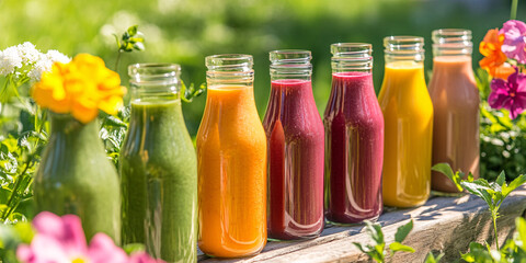A row of colorful plant-based smoothies stands on a wooden surface surrounded by vibrant flowers and greenery reflecting a healthy lifestyle and nutrition