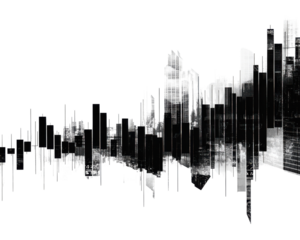 Abstract city skyline silhouette in black and white on a transparent background.