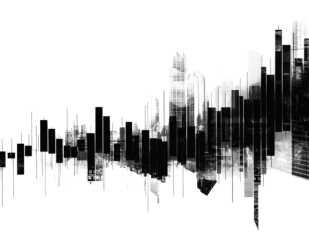 Abstract city skyline silhouette in black and white on a transparent background.