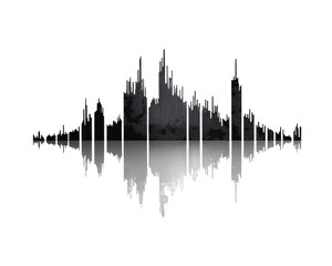 Waveform illustration of a city skyline, black and white isolated background.