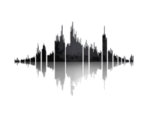 Waveform illustration of a city skyline, black and white isolated background.