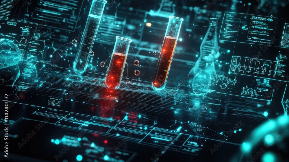 Aufkleber a digital background with glowing chemical symbols, beakers, and test tubes, surrounded by data poin