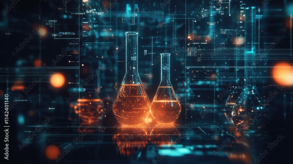 Poster a digital background with glowing chemical symbols, beakers, and test tubes, surrounded by data poin