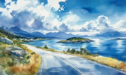 Watercolor A breathtaking coastal road stretches along Norway's picturesque shore, surrounded by tranquil waters and lush greenery under a vibrant sky. Atlantic ocean road