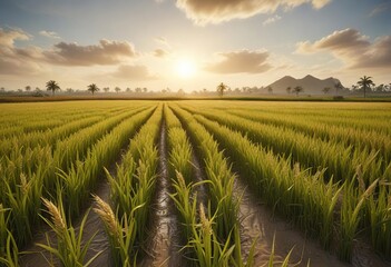 Harvest-ready rice fields with ears of rice plants bursting with grains, food production, close-up shot, staple food
