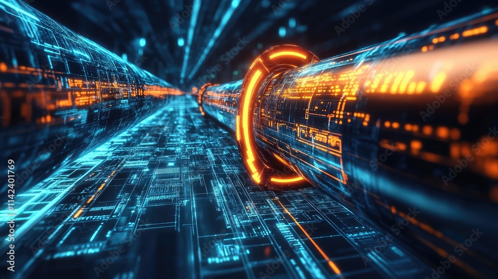 Aufkleber A digital pipeline representation of SaaS and automation solutions transforming industries, with modern interfaces and technological graphics