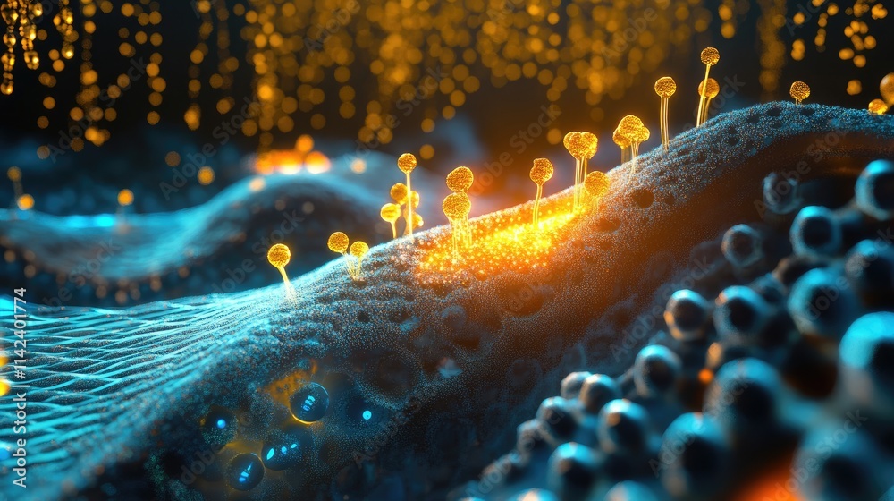 Poster a digital image representing nanoscale technology in drug delivery systems, with glowing particles a