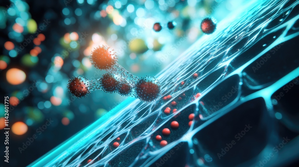 Poster a digital image representing nanoscale technology in drug delivery systems, with glowing particles a