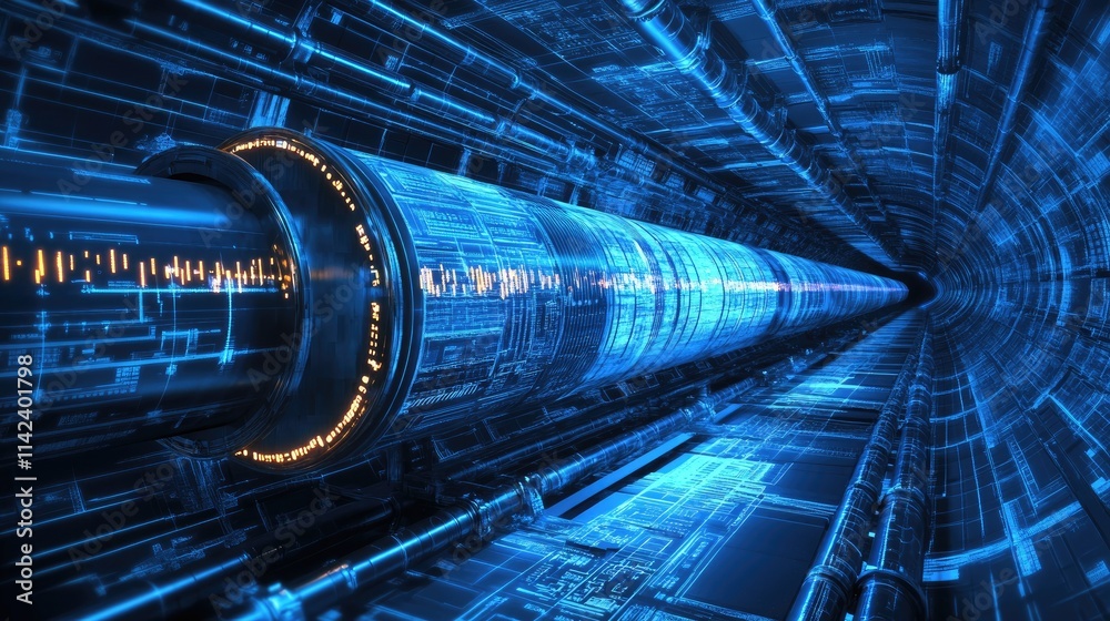 Poster A digital pipeline representation of SaaS and automation solutions transforming industries, with modern interfaces and technological graphics