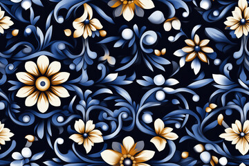 Elegant seamless pattern with Turkish floral design in blue and gold tones