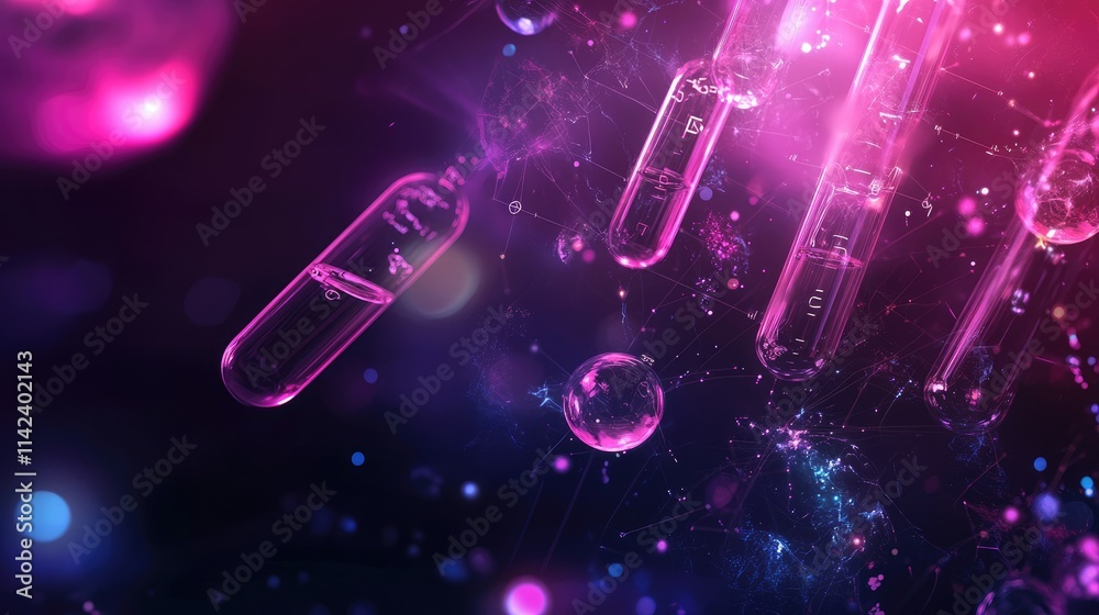 Poster a digital science background with chemical formulas, test tubes, and glowing data points, representi