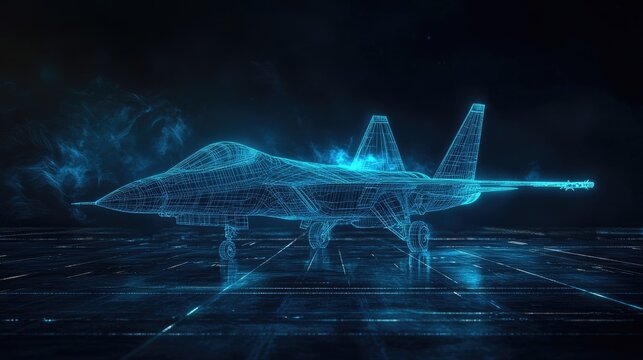 A digital wireframe hologram of a fighter jet on a dark tarmac, glowing blue with detailed lines, showcasing modern aerospace design, with space for copy