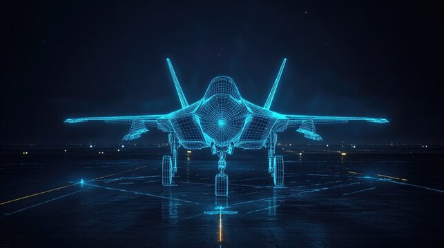 A digital wireframe hologram of a fighter jet on a dark tarmac, glowing blue with detailed lines, showcasing modern aerospace design, with space for copy