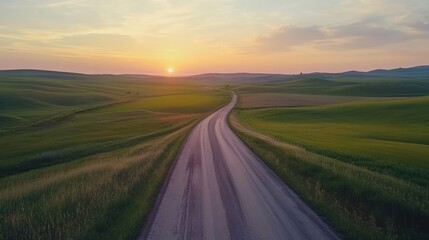 asphalt road among green fields at the sunset time lapse scene