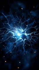 Naklejka premium Intricate neuron network glowing bright blue against a dark background. A detailed digital illustration of the human nervous system.